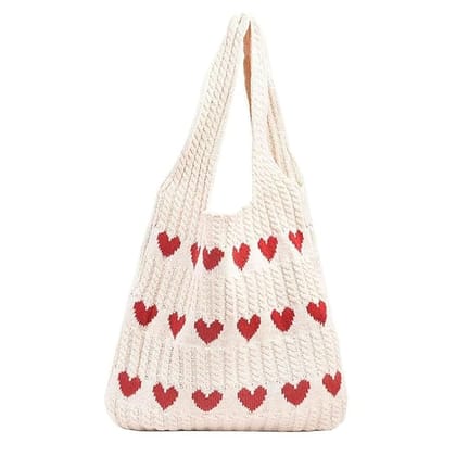Knitted Heart Pattern Cream Tote Bag