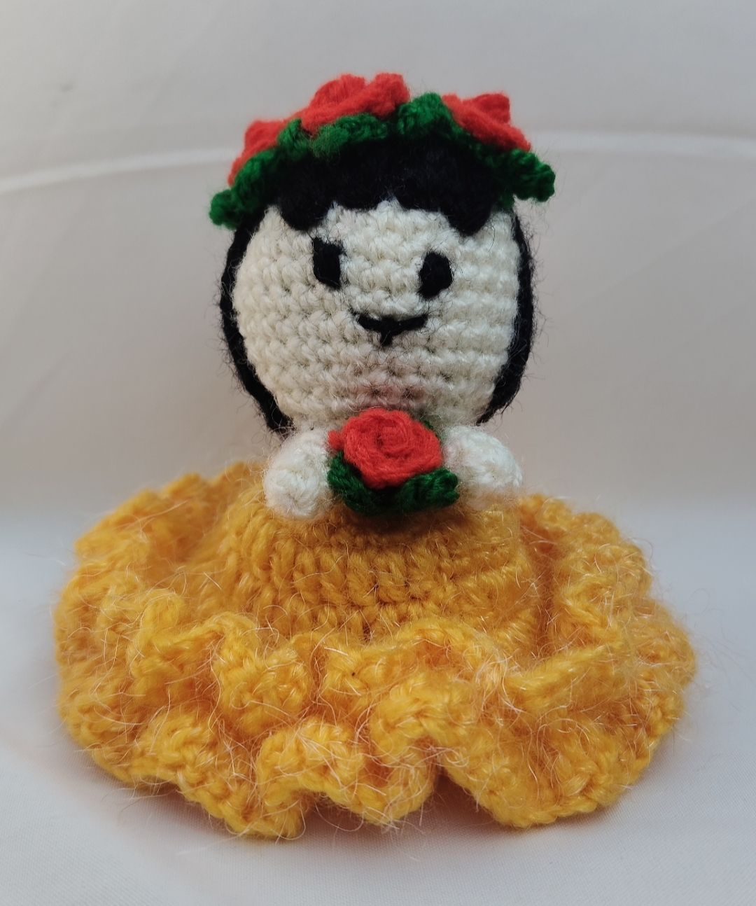 Handmade Crocheted Doll with Yellow Dress and Floral Crown