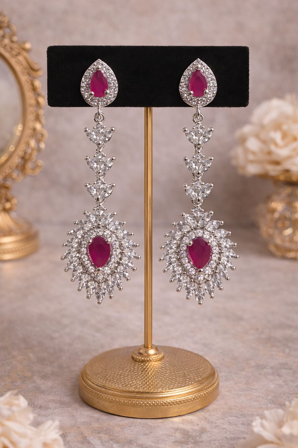 ✨Elegant Silver Plated Ruby Pink Stone & CZ Long Dangler Earrings ✨