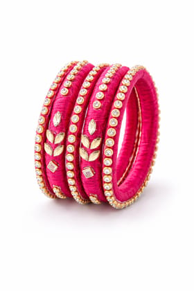 Hot Pink Silk Thread Bangles with Rhinestones & Gold Embellishments