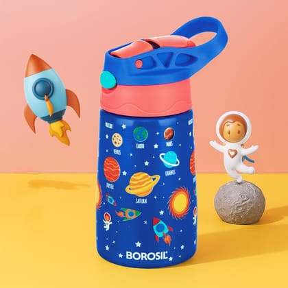 Borosil 330ml Space Design Kids Stainless Steel Bottle | ISI Certified Made in India | 8 Hrs Hot & Cold Double Wall Vacuum Insulated Flask | Push & Straw Lid | Powder Coated Finish | 1 Year Warranty