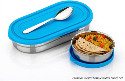 V3Deals Stainless Steel Lunch Box with Inner Container, Blue Lid, Leakproof, BPA-Free, Includes Spoon, 20x4 cm Main Container, 8.5x3.5 cm Inner Bowl, 2-Piece Set