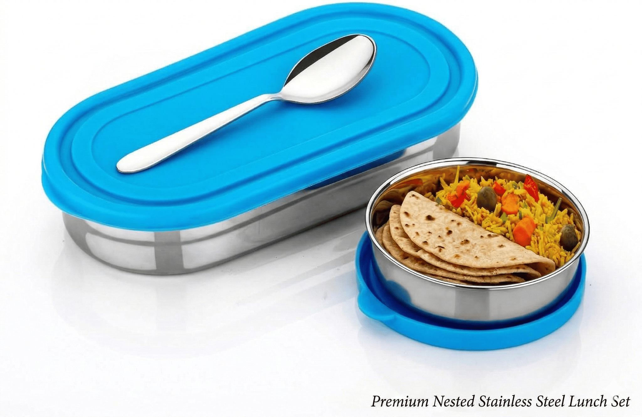 V3Deals Stainless Steel Lunch Box with Inner Container, Blue Lid, Leakproof, BPA-Free, Includes Spoon, 20x4 cm Main Container, 8.5x3.5 cm Inner Bowl, 2-Piece Set