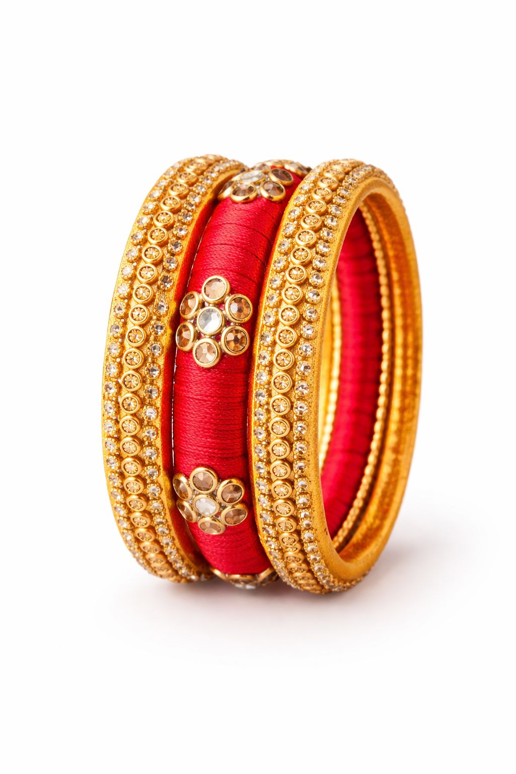 Elegant Red Silk Thread Bangles with Gold Crystal Studded Kada Set