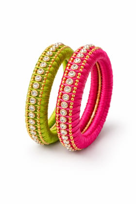 Designer Silk Thread Bangles Set – Pink & Green Crystal Studded Traditional Bangles for Women | Festive & Wedding Jewelry