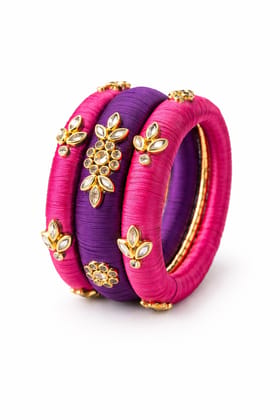 Pink & Purple Silk Thread Bangles Set with Kundan Stone Work 