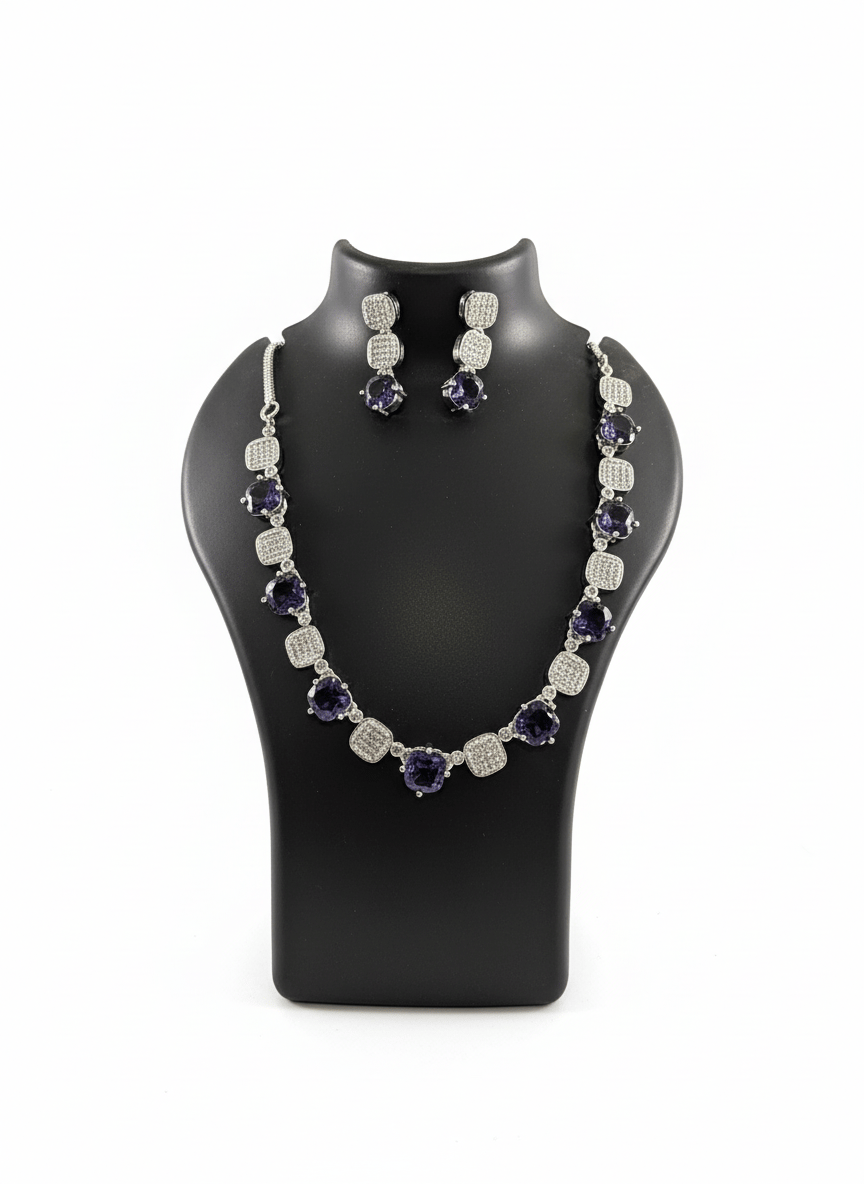Elegant Silver Plated Necklace and Earring Set with Purple Stones