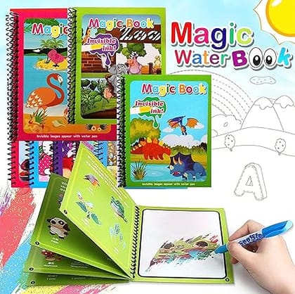 Kid's Magic Water Colouring Books Unlimited Fun with Drawing Reusable Water-Reveal Activity Pad, Chunky-Size Water Pen for Kids - Assorted Design