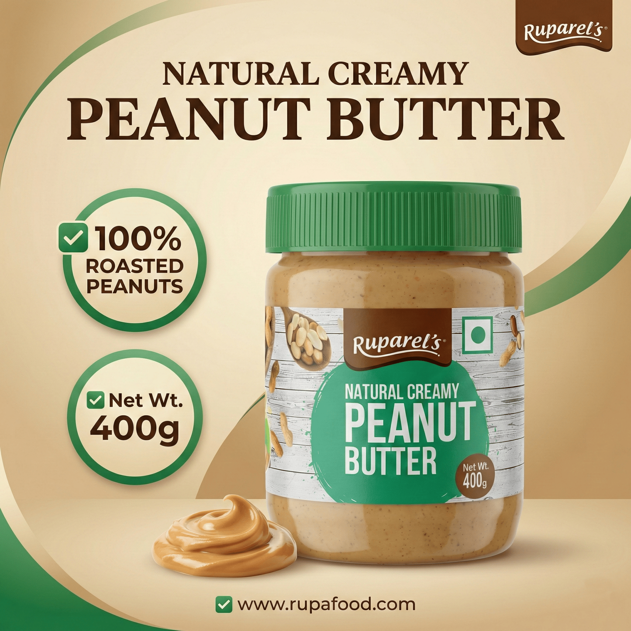 Ruparel’s Natural Creamy Peanut Butter 400g | 100% Roasted Peanuts | Source of Protein | Delicious & Wholesome | Smooth Nut Butter Spread for Bread, Sandwich & Smoothies