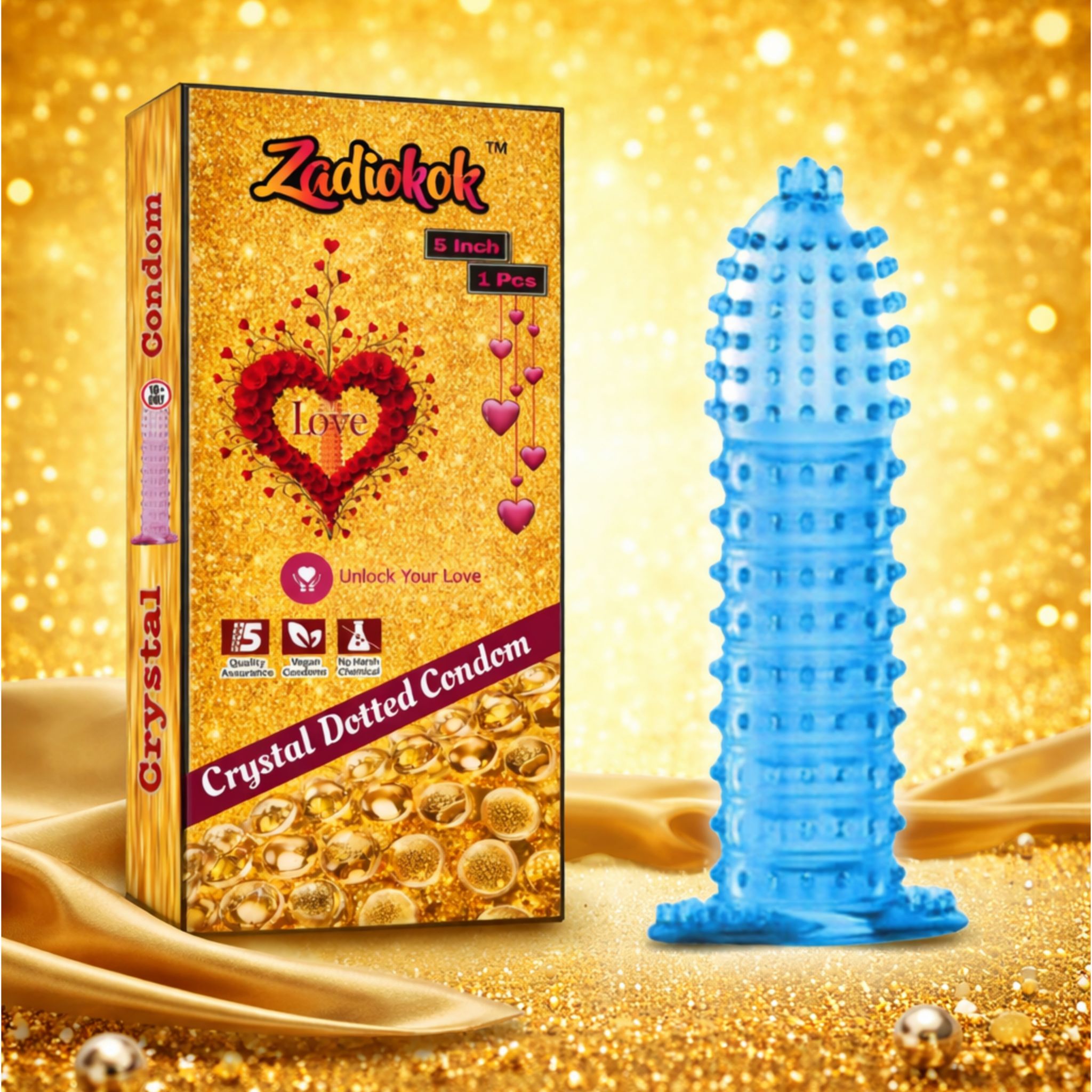 Zadiokok Crystal Dotted Condom For Men Golden Series 5 Inch | Textured Design for Extra Sensation | 1 Piece Pack