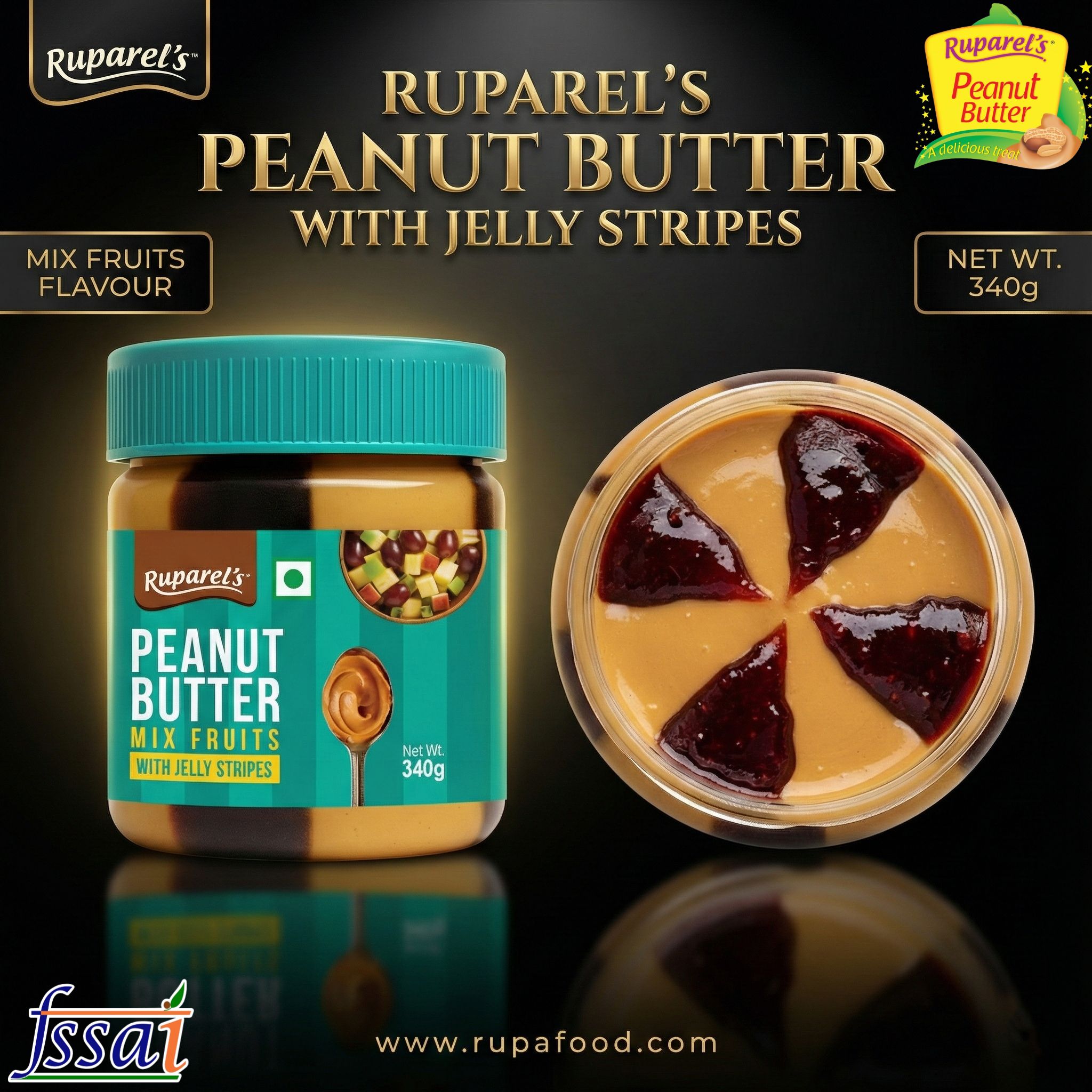Ruparel’s Peanut Butter with Mix fruits Jelly Stripes 340g | Protein Rich Healthy Nut Butter | Creamy jam Breakfast Spread for Gym & Family Kids | Vegetarian