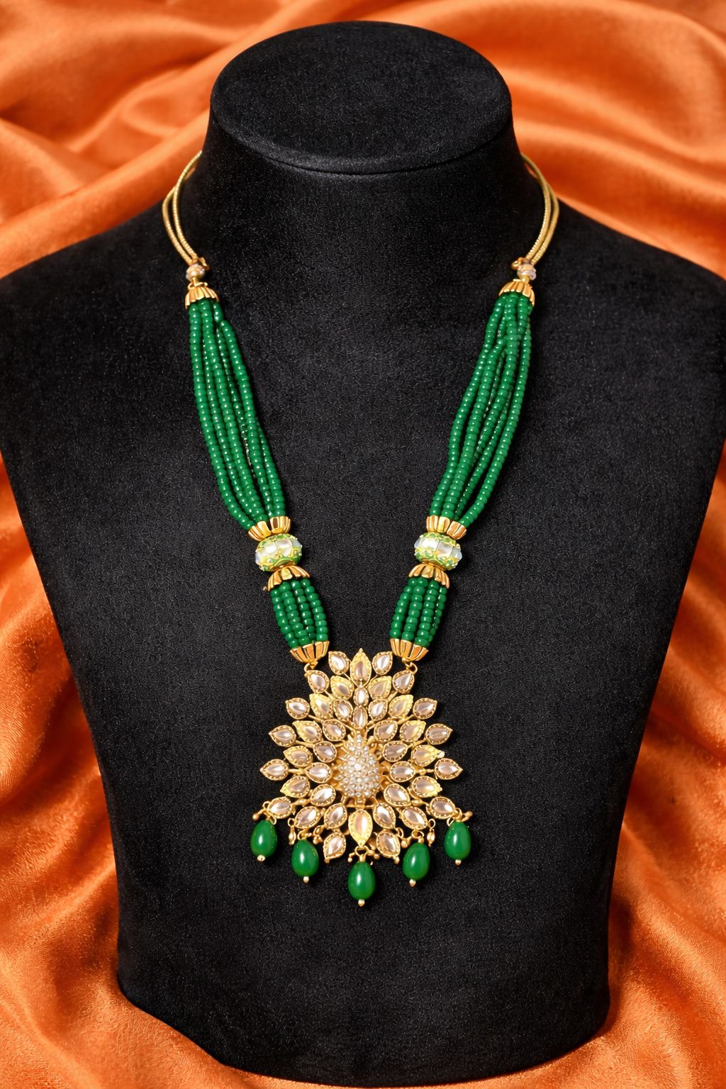 Traditional Gold-Plated Green Beaded Necklace with Kundan Earrings Set