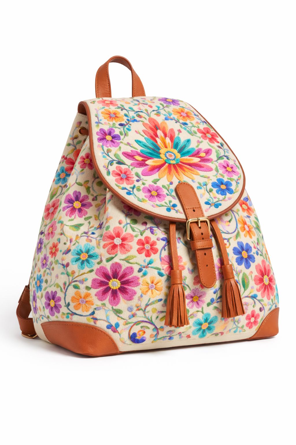 Embroidered Floral Canvas Backpack with Tassel Details