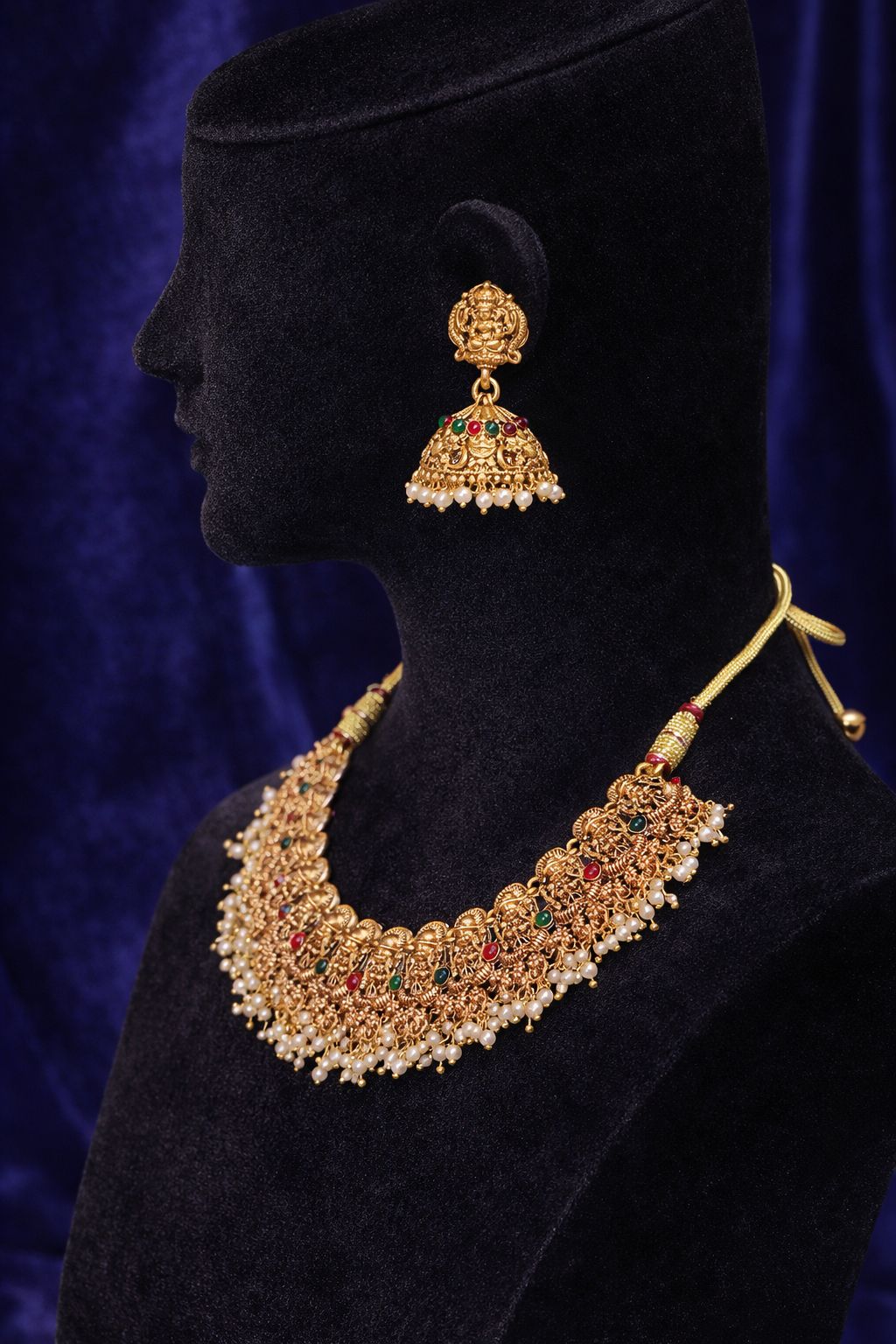 Traditional Gold-Plated Lakshmi Coin Haram Necklace with Jhumka Earrings