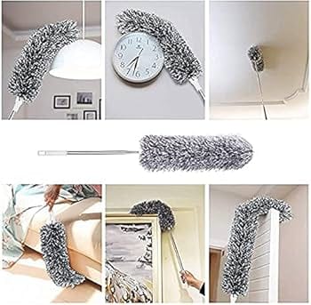  Microfiber Feather Duster Bendable & Extendable Fan Cleaning Duster with 100 inches with Retractable Gap Dust Cleaner for Under Fridge & Appliance Duster Brush for Wet and Dry, White&Gray