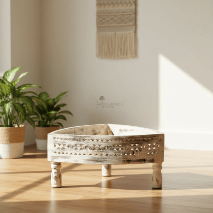 White Wooden Distressed Carved Chakki Table | Round Wood Coffee Table for Decor