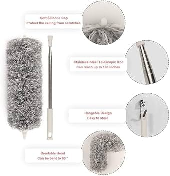  Duster With Extension Pole 30-100 Inches-5Pcs Furniture Dusters For Cleaning High Ceiling Fans,Cobwebs,Blinds-Retractable Gap Dust Brush Cleaner And Long Feather Duster,Grey