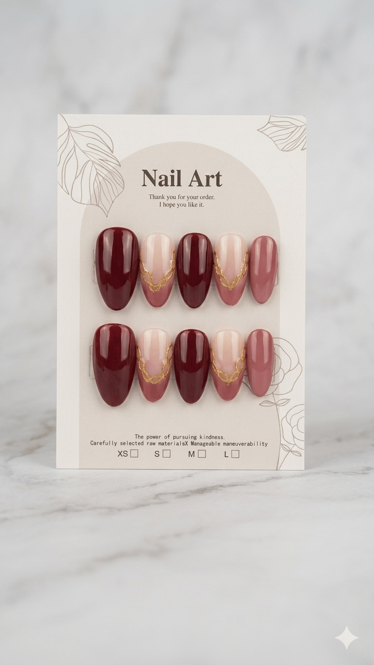 Nail Art Press-On Nails Set - Red, Nude & Gold Accents