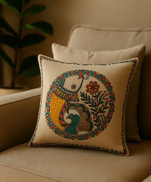 Mithila Art Fish & Peacock Embroidered Decorative Throw Pillow