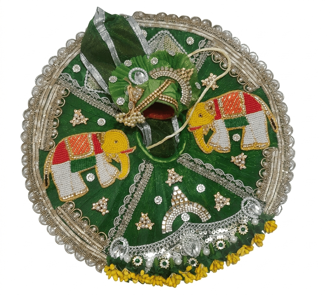 Green Elephant Embroidered Laddu Gopal Poshak Dress with Pagdi