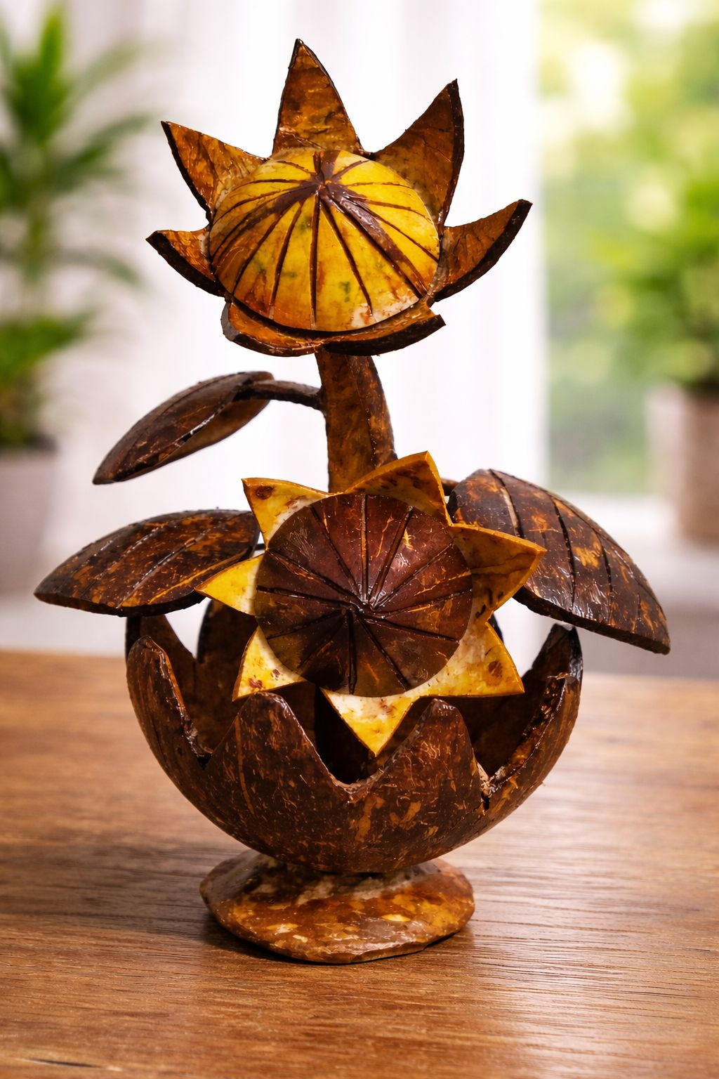 Handcrafted Coconut Shell Flower Decor with Yellow Accents