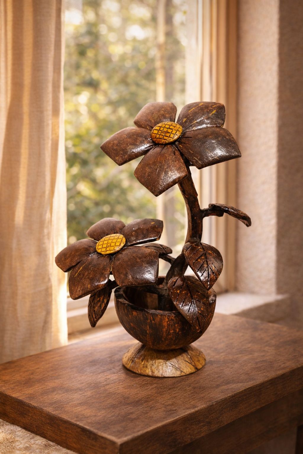 Handcrafted Coconut Shell Flower Sculpture Home Decor