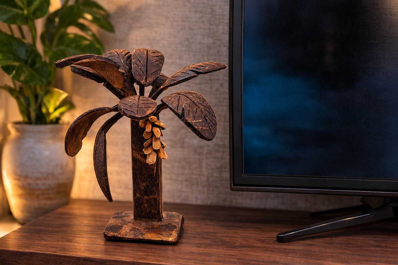 Hand-Carved Wooden Palm Tree Decoration Sculpture