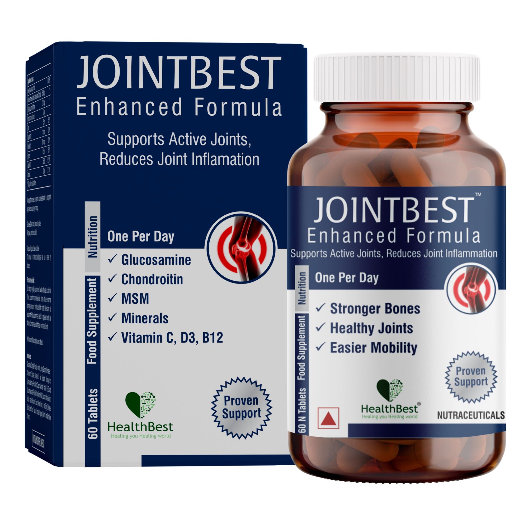 HealthBest Joint Support Supplement - 60 Glucosamine Tablets with Chondroitin, MSM, Vitamin C, D3, B12 for Joint Strength, Pain Relief & Flexibility