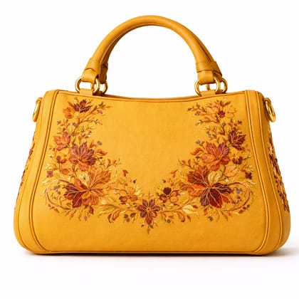 Floral Embroidered Yellow Faux Leather Handbag for Women
