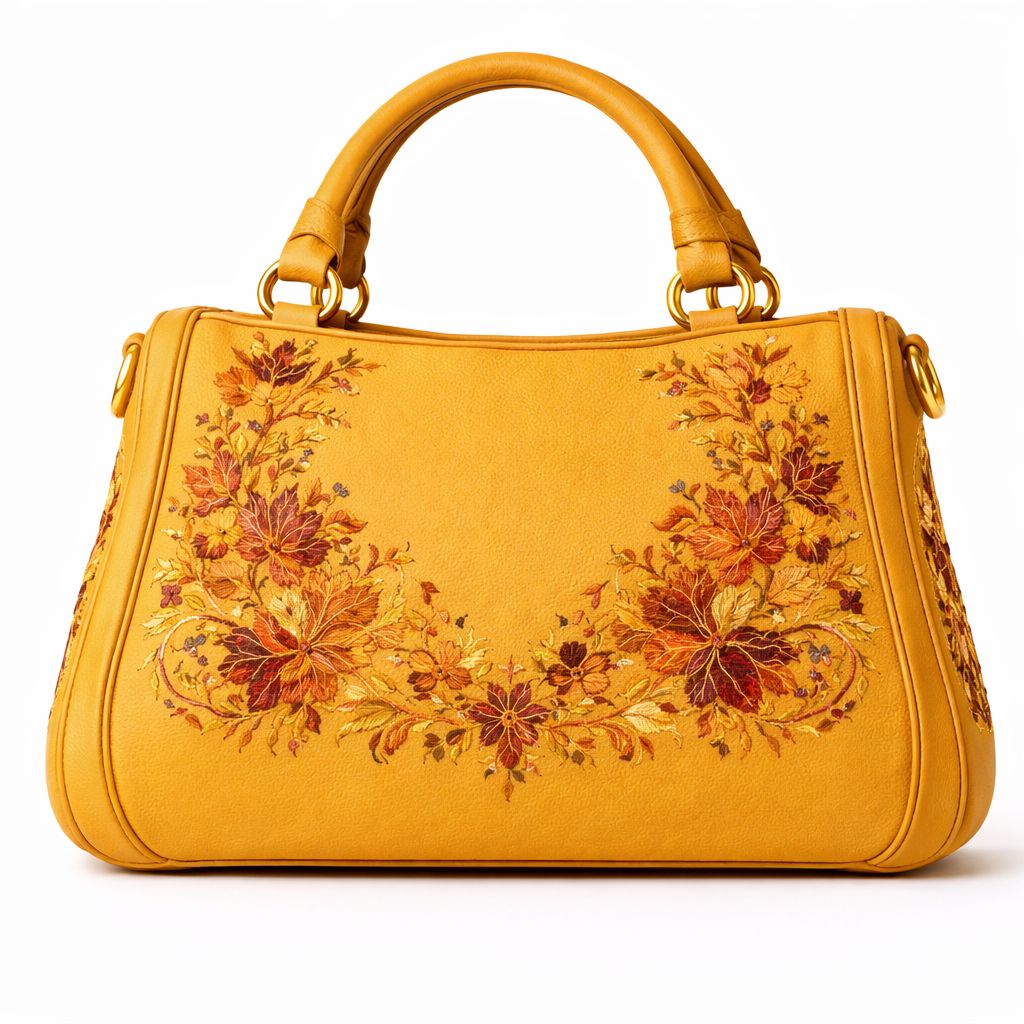Floral Embroidered Yellow Faux Leather Handbag for Women