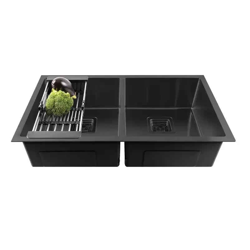 Premium-304 Handmade (37x 18x 10) Inch Double Bowl Black Stainless Steel Kitchen Sink