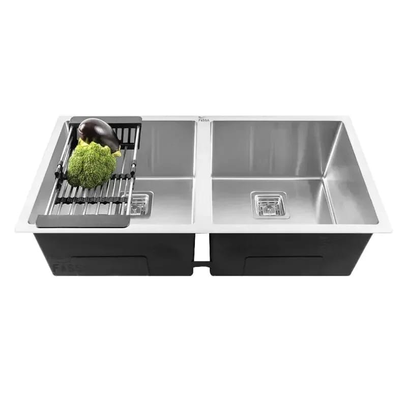Premium-304 Handmade (32x 20x 10) Inch Double Bowl Silver Stainless Steel Kitchen Sink