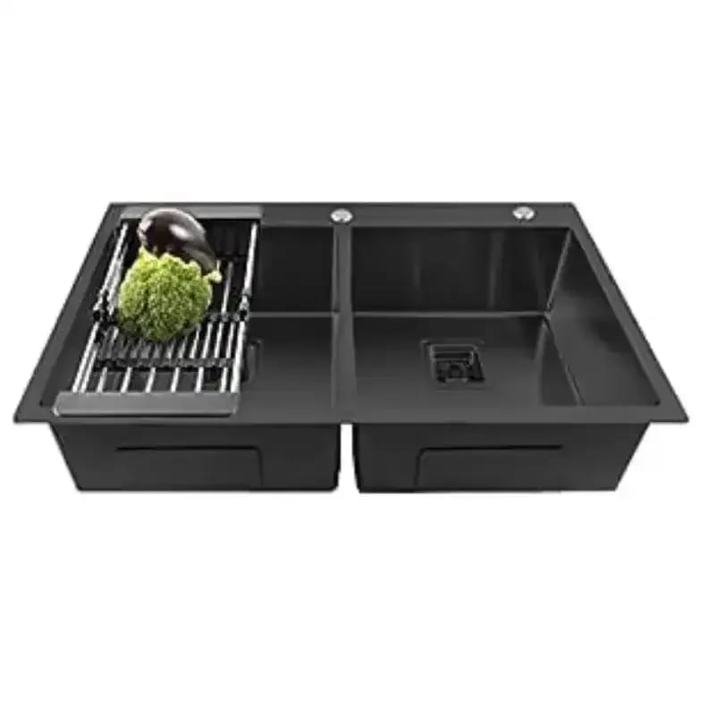 Classic Handmade (37"x18"x10) InchStainless Steel Double Bowl Black Kitchen Sink With Tap Hole