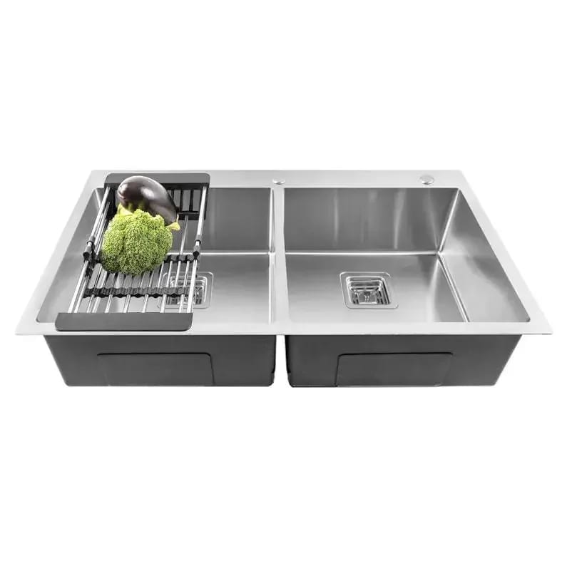 Premium-304 Handmade (32 x 18 x 10) Inch Double Bowl Silver With Tap Hole Stainless Steel Kitchen Sink