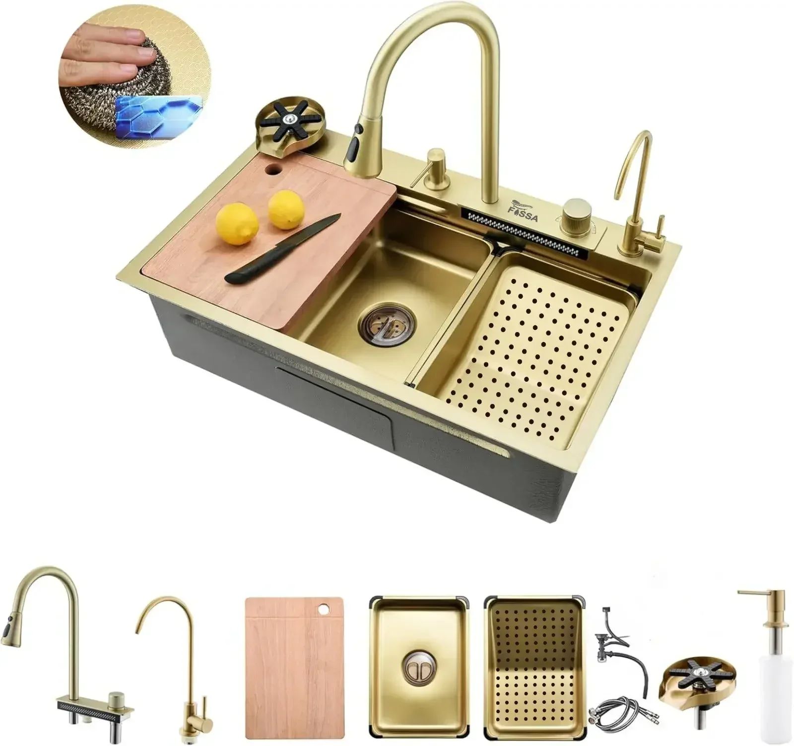 Smart Waterfall  (30"x18"x10") Inch 304 Stainless Steel Kitchen Sink Gold