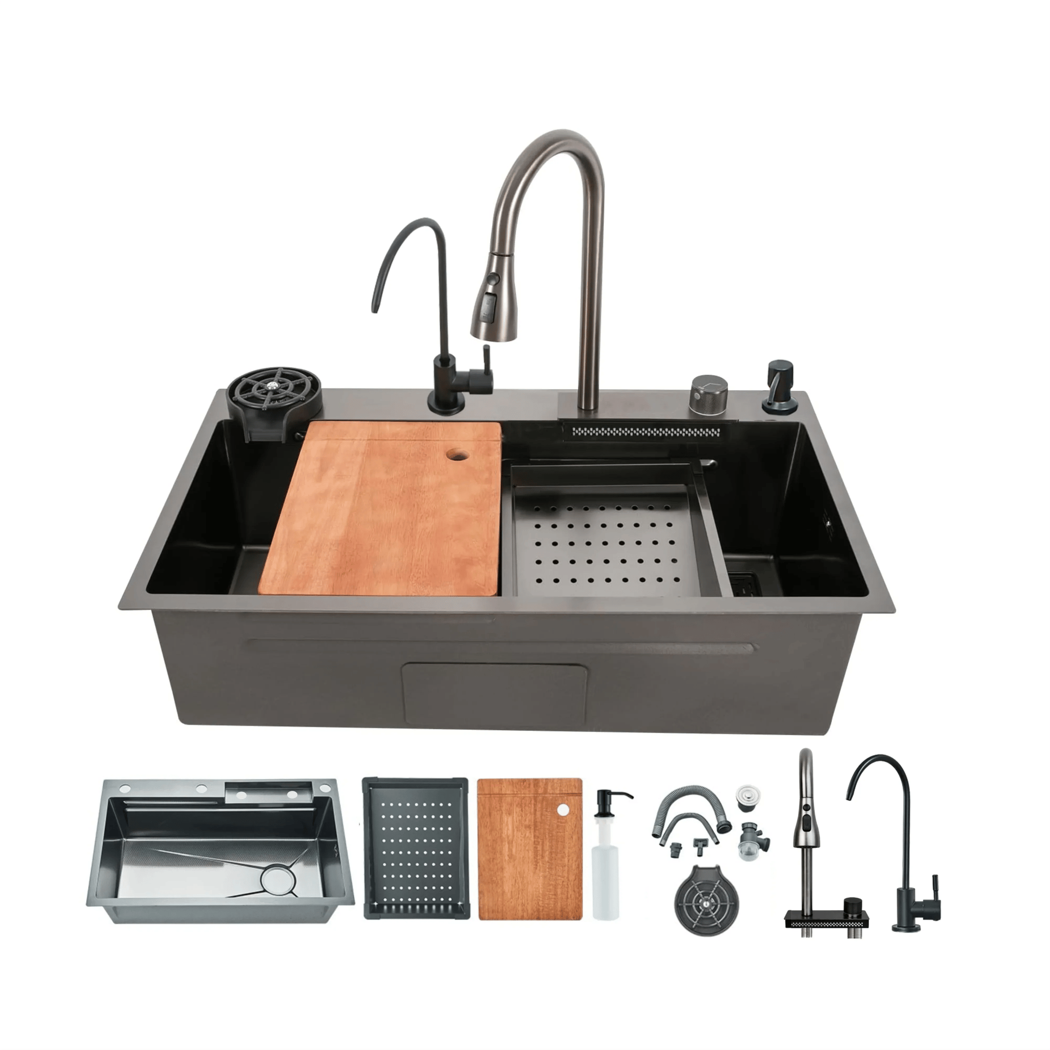 Smart Waterfall (24 x 18 x 10) Inch Premium Stainless Steel Kitchen Sink Black