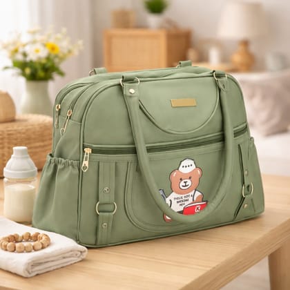 Stylish Green Baby Diaper Bag with Cute Bear Print for Infants and Toddlers