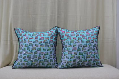Quirky Auto Print Linen Cushion Covers with Contrast Back & Cord Piping – 16 × 16 inch (Set of 2)