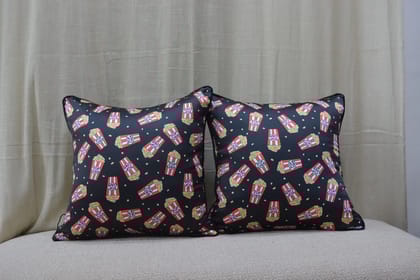 Popcorn Print Satin Cushion Covers with Contrast Back & Cord Piping – 16 × 16 inch (Set of 2)