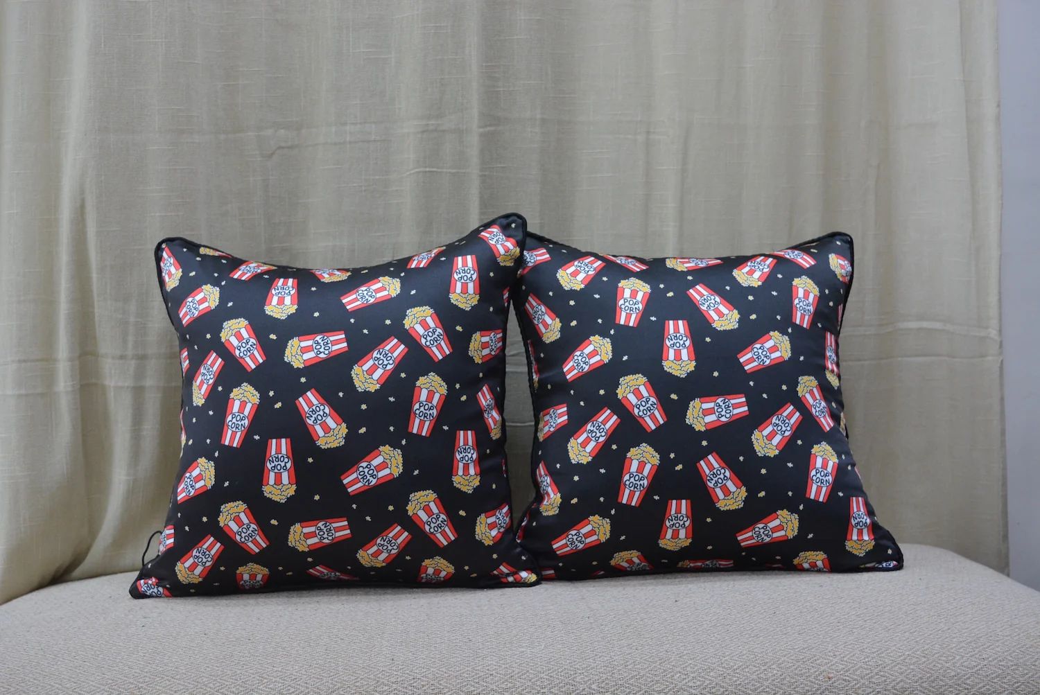 Popcorn Print Satin Cushion Covers with Contrast Back & Cord Piping – 16 × 16 inch (Set of 2)