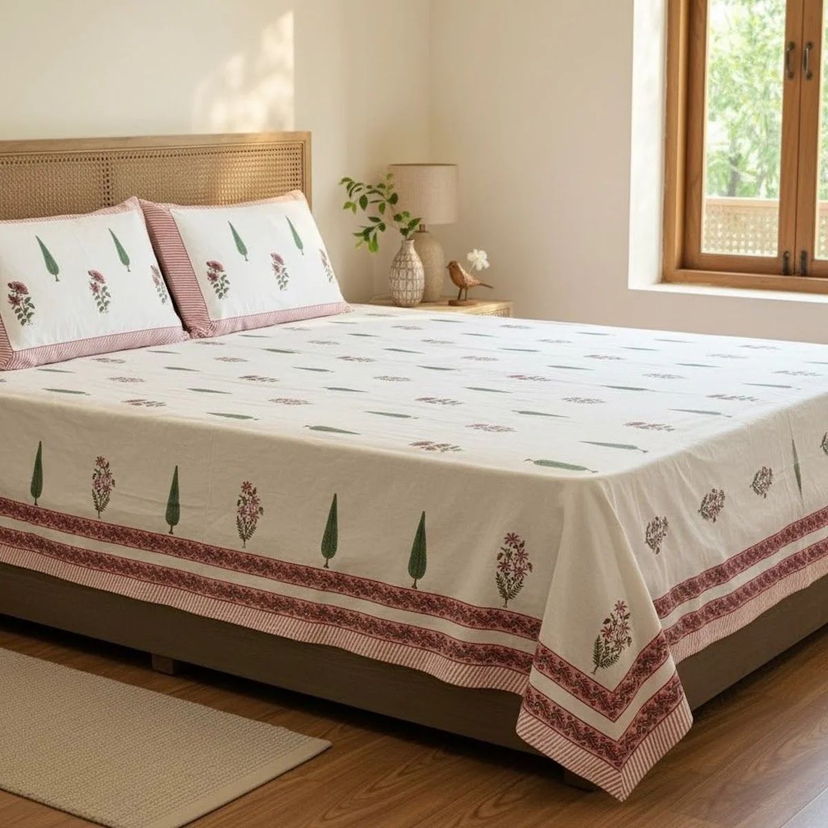 Hand Block Printed Vanira White Cotton Bedsheet King Size - 90 x 108 inch