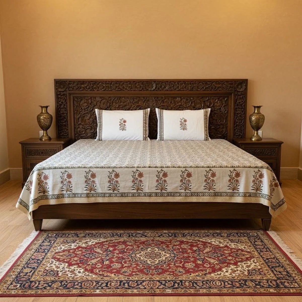 Hand Block Printed Velora Blue-Mustard Cotton Bedsheet King Size - 90 x 108 inch