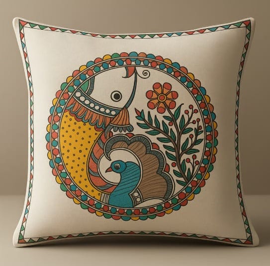 Mithila Art Fish & Peacock Embroidered Decorative Cushion Cover