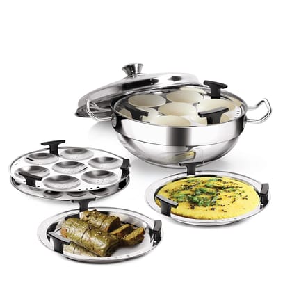 MILTON Pro cook Stainless Steel Multipurpose Kadai with Lid (2 – Regular Idli Plate; 1 - Mini Idli Plate; 1 - Steamer Plate; 2 - Dhokla Plate) All-in-One Multi Pot/Kadhai, Induction & Gas Friendly