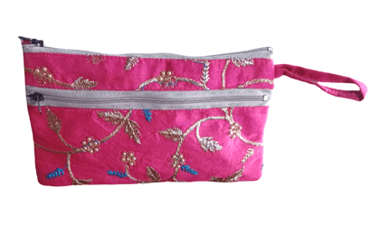 Embroidered Pink Zipper Pouch / Makeup Organizer Bag