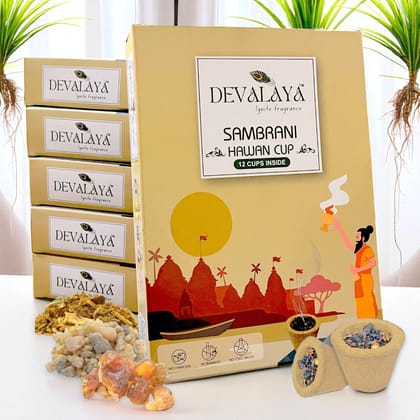 DEVALAYA Havan Cups for Pooja - Pack of 12 Cups, 100% Organic & Charcoal-Free, Infused with Orignal Guggal & Natural Loban, Hawan Samagri & Bhimseni Kapoor (Pack of 6)