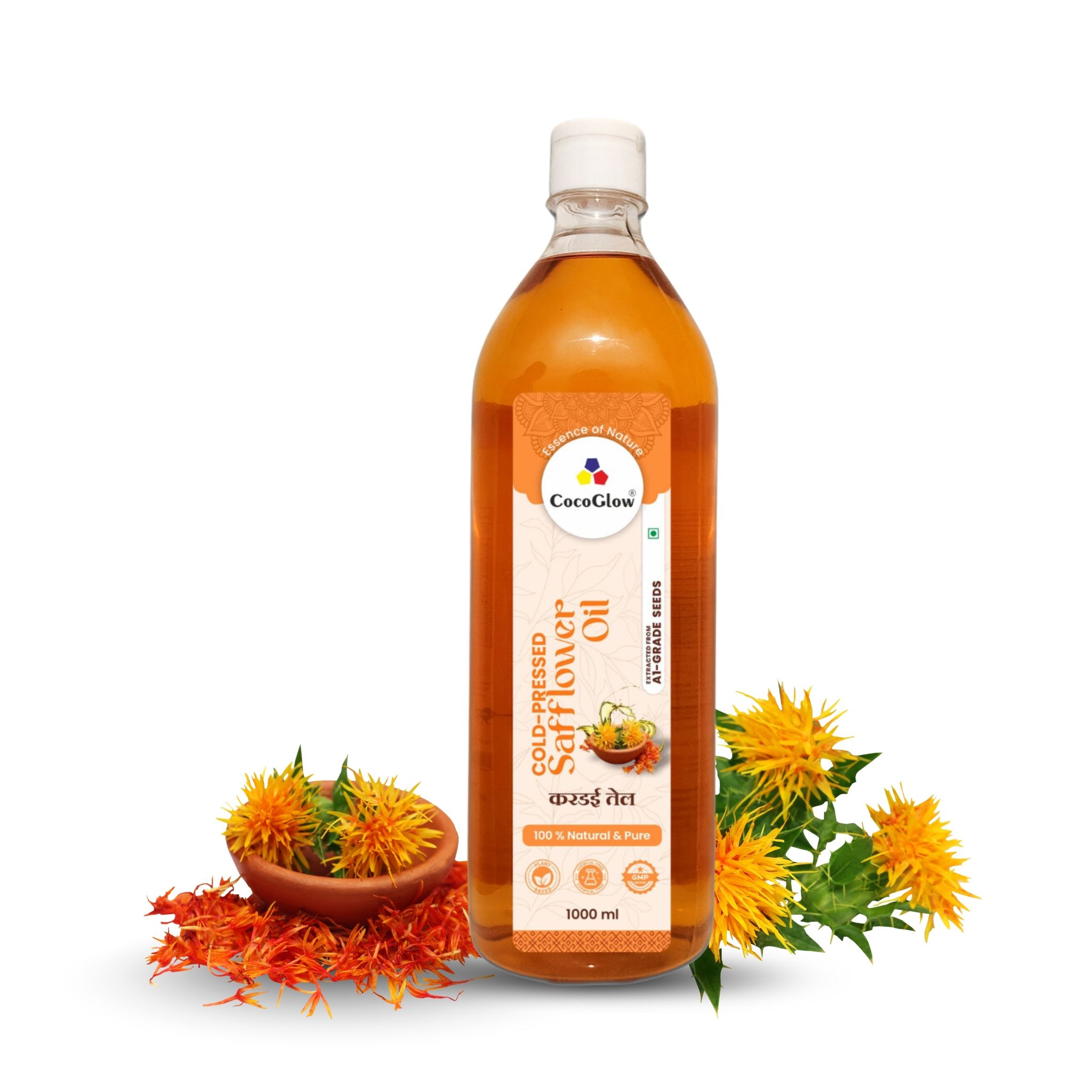CocoGlow Cold Pressed Safflower Oil Wood Pressed Kacchi Ghani 100% Pure Natural 1L