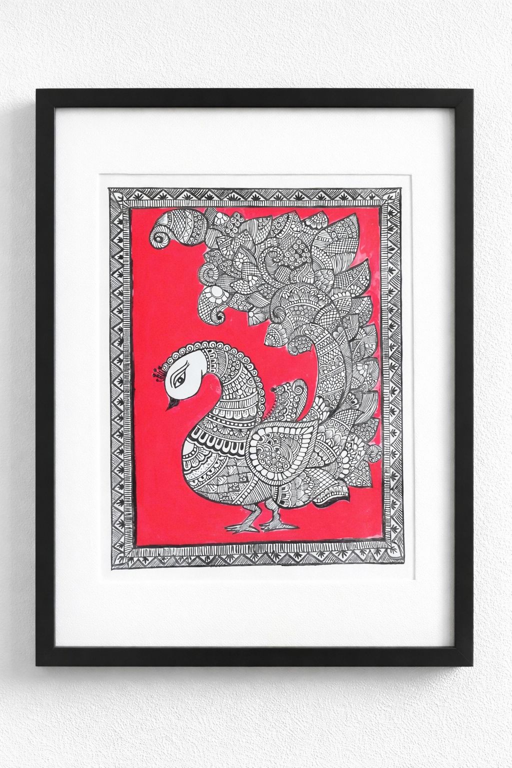 Mithila Folk Art Peacock Painting, Black & Red Hand-Painted Wall Decor