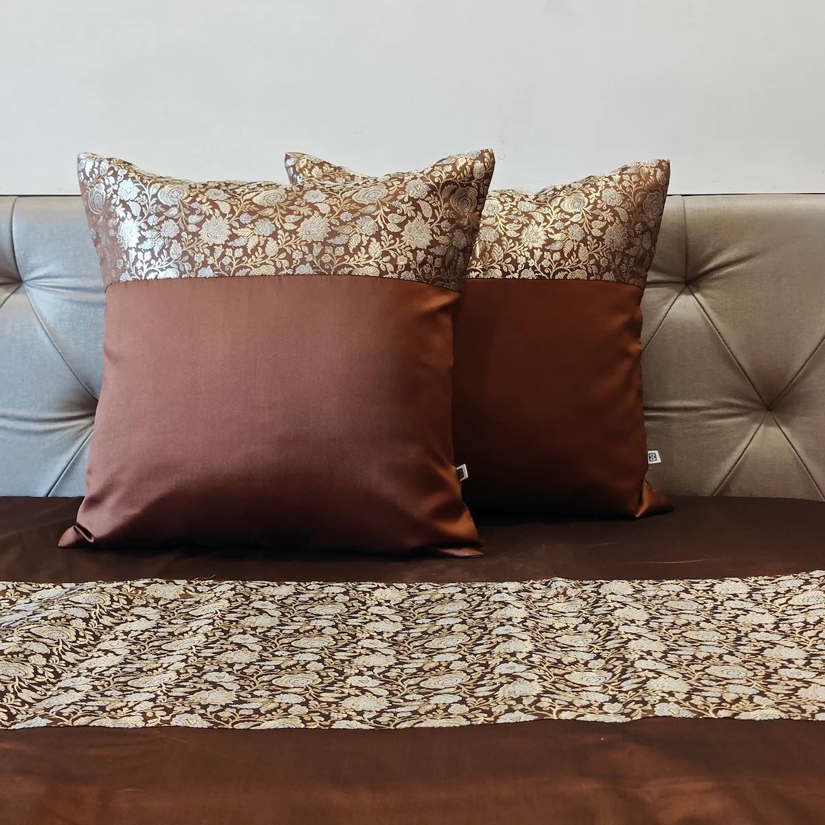 Banarasi Brocade Luxe Coffee Brown Polyester Bedcover with 2 Cushion Covers – King Size