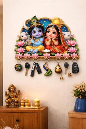 Webelkart Premium Radha Krishna Wooden Key Holder for Home Decor, Wall Mount Key Hanger, Key Chain Holder for Wall, Living Room, Pooja Room (10 Inches)